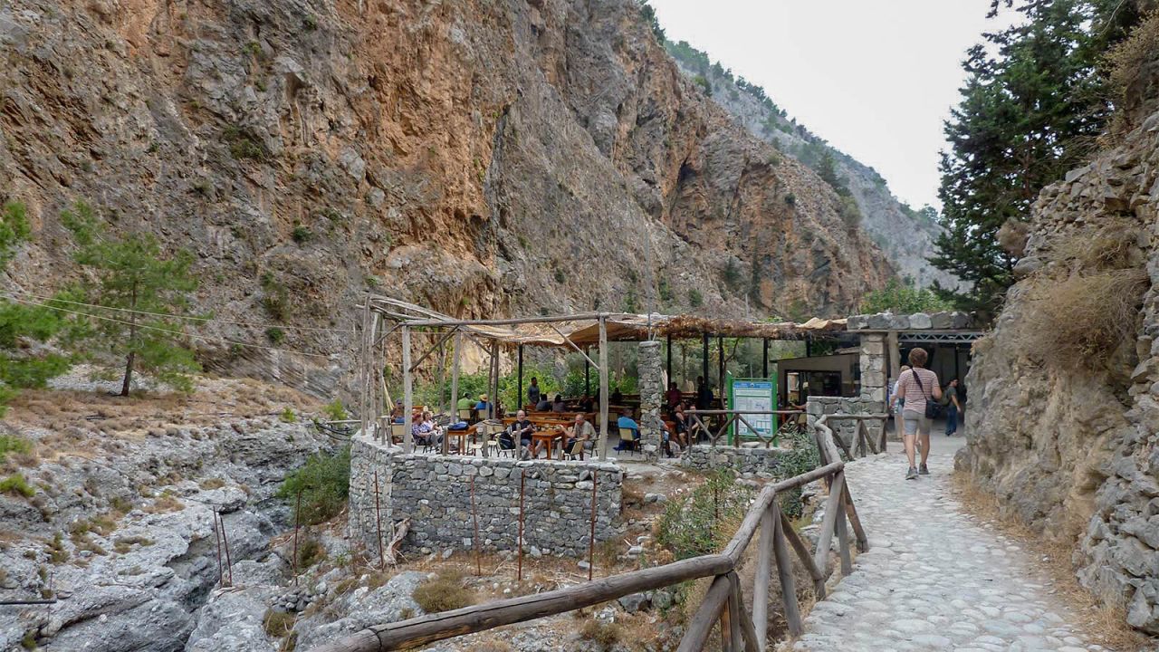 <strong>Exiting the park: </strong>There are many wonderful views in the Samaria Gorge, but one of the finest is seeing the cafe directly outside the park exit. 