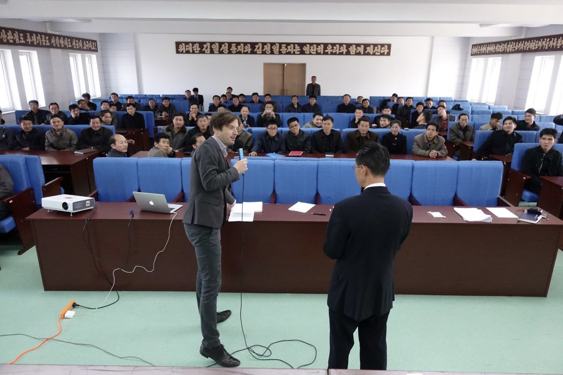 An instructor from Choson Exchange addresses a classroom of North Korean students in Pyongsong, a city near the capital Pyongyang. 