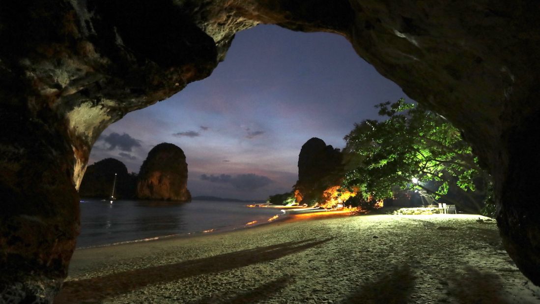 <strong>Phra Nang Cave:</strong> A view of Phra Nang just after sunset taken from inside the beach's main cave. 