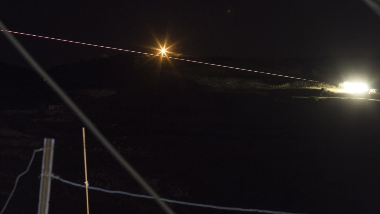A long-exposure picture that reportedly shows Israeli missiles headed toward military targets in Syria.