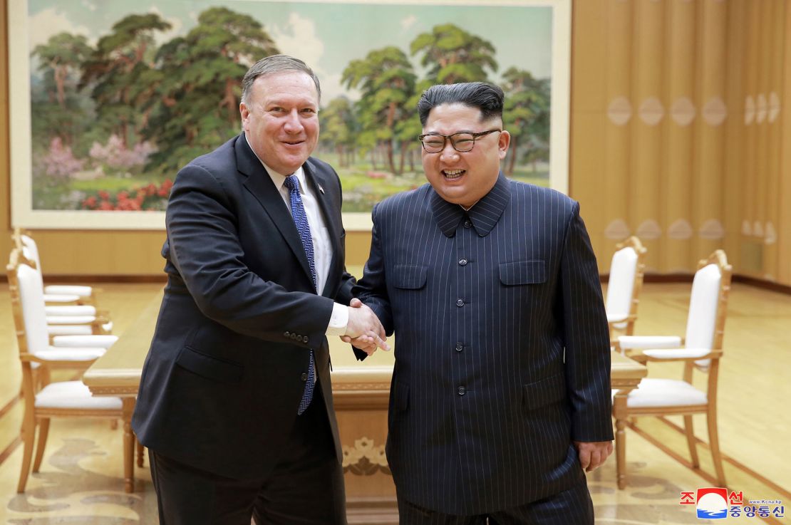 In this Wednesday,  photo provided on Thursday by the North Korean government, US Secretary of State Mike Pompeo shakes hands with North Korean leader Kim Jong Un.