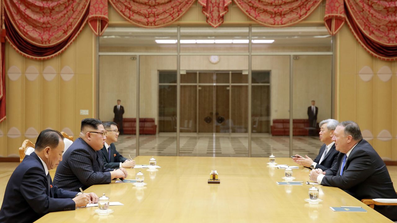 US Secretary of State Mike Pompeo, right, attends a meeting with North Korean leader Kim Jong Un, second from left, at the Workers' Party of Korea headquarters in Pyongyang, North Korea.