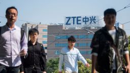 The ZTE logo is seen on an office building in Shanghai on May 3, 2018. - Senior US officials arrive in Beijing for trade talks with China, as both sides dampen expectations for a quick resolution to the heated dispute between the world's two largest economies. (Photo by Johannes EISELE / AFP)        (Photo credit should read JOHANNES EISELE/AFP/Getty Images)