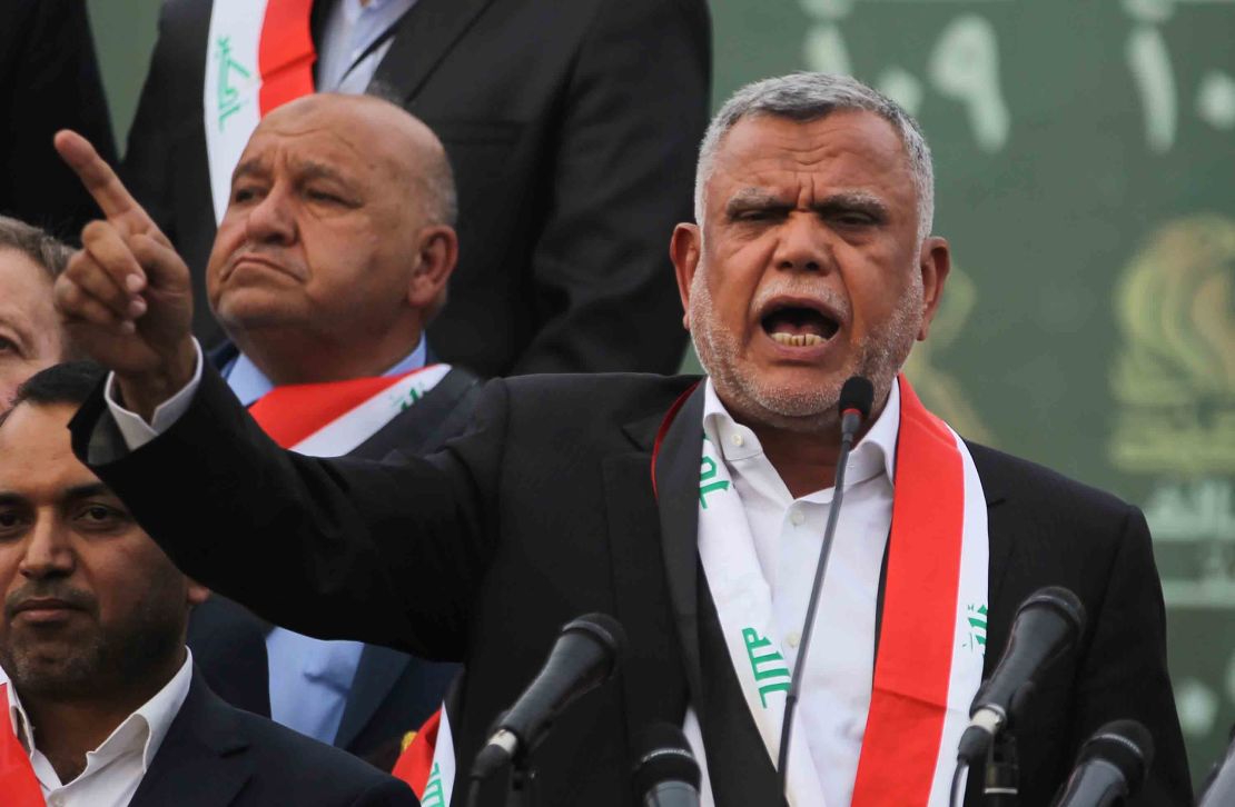 Hadi al-Amiri, leader of the Fatah Alliance, a coalition of Iranian-supported militia groups, speaks during a campaign rally in Baghdad on May 7.