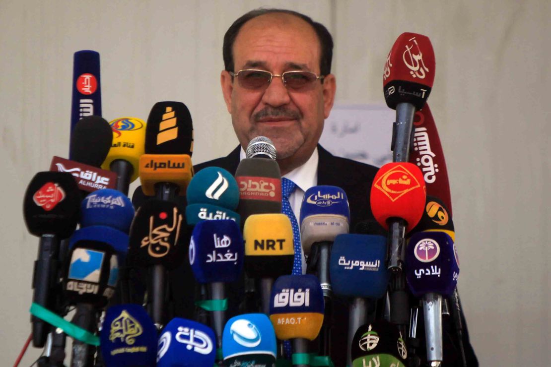 Nuri al-Maliki speaks during a tribal gathering on May 13, 2017, in Najaf.