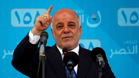 Iraqi Prime Minister Haider al-Abadi talks during a campaign rally in Najaf on May 3.
