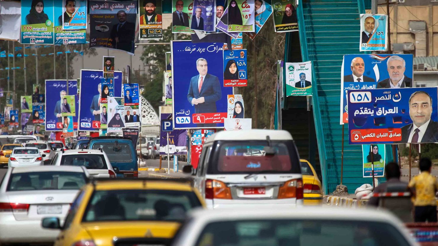 Electoral posters are displayed in the city of Najaf on May 7, ahead of Iraq's parliamentary elections.