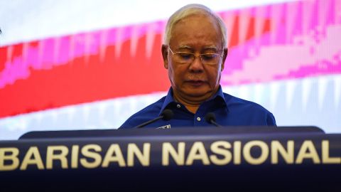 Outgoing Malaysian prime minister Najib Razak of the Barisan National party reacts as he addresses the media after his party lost the 14th general election in Kuala Lumpur on May 10.