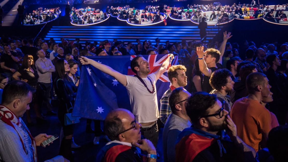 The audience watches the screen as they wait for results at the Eurovision Grand Final on May 14, 2017 in Kiev, Ukraine.