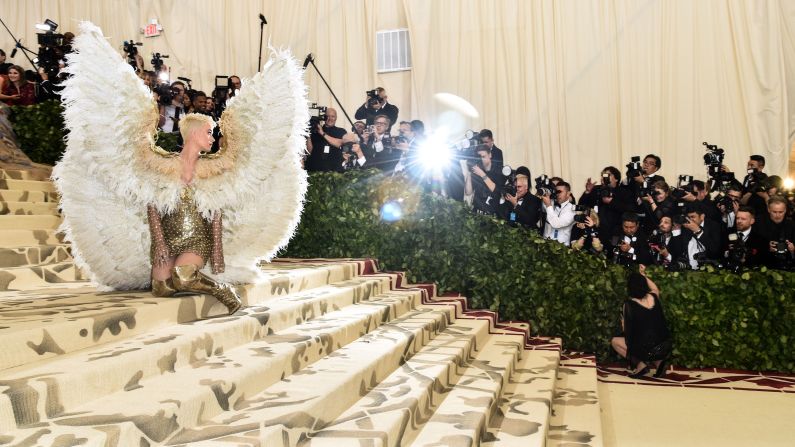 Singer Katy Perry wears angel wings as she attends the Met Gala in New York on Monday, May 7. The annual event raises money for the Metropolitan Museum of Art's Costume Institute. This year's theme was "Heavenly Bodies: Fashion and the Catholic Imagination." <a href="https://www.cnn.com/style/article/met-gala-red-carpet-2018/index.html" target="_blank">See more photos of celebrities on the red carpet</a>