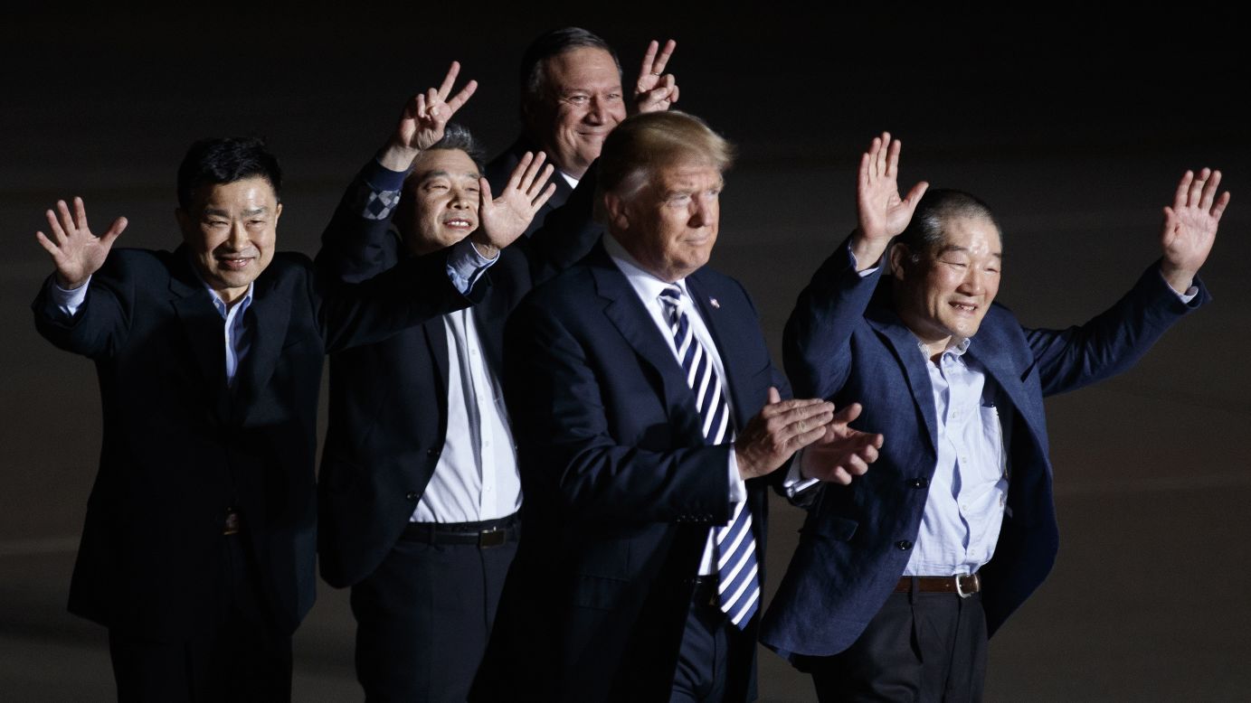 The three Americans <a href="https://www.cnn.com/2018/05/10/politics/trump-north-korea-freed-americans/index.html" target="_blank">released by North Korea this week</a> are welcomed at Andrews Air Force Base in Maryland by US President Donald Trump and Secretary of State Mike Pompeo on Thursday, May 10. Kim Dong Chul, Kim Hak-song and Kim Sang Duk, also known as Tony Kim, were freed Wednesday while <a href="https://www.cnn.com/2018/05/09/politics/mike-pompeo-north-korea-prisoners-tick-tock/index.html" target="_blank">Pompeo was visiting North Korea</a> to discuss Trump's upcoming summit with North Korean leader Kim Jong Un.
