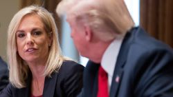 WASHINGTON, D.C. - FEBRUARY 6: (AFP-OUT) U.S. Department of Homeland Security Secretary Kirsten Nielsen participates in a law enforcement round table on MS-13 hosted by President Donald Trump at the White House on February 6, 2018 in Washington, DC. (Photo by Chris Kleponis/Pool/Getty Images)