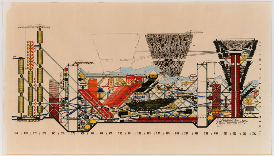 UK collective Archigram, headed by Peter Cook, was known for its radical city plans and out-of-the-world designs. One of its most famous works was "Plug-in City," created by Cook. In the design, construction cranes would be used as permanent buildings, like offices and homes.