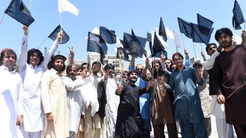 Members of the Pashtun Protection Movement (PTM) and student activists gather before the start of a demonstration in Lahore on April 22, 2018.