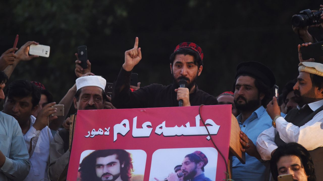 Manzoor Pastheen, the leader of Pakistan's Pashtun Protection Movement (PTM) speaks during a demonstration in Lahore in April 2018.