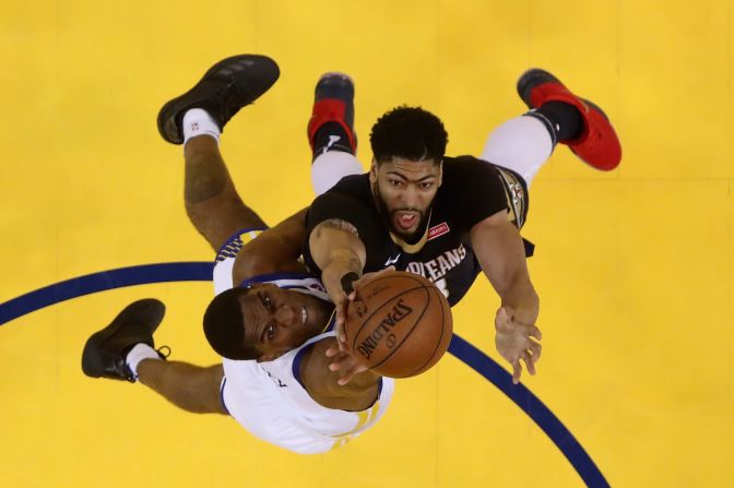 Golden State's Kevon Looney, left, and New Orleans' Anthony Davis compete for a rebound during an NBA playoff game on Tuesday, May 8. Golden State <a href="index.php?page=&url=https%3A%2F%2Fbleacherreport.com%2Farticles%2F2775075-stephen-curry-warriors-beat-anthony-davis-pelicans-advance-to-wcf-vs-rockets" target="_blank" target="_blank">won the series in five games</a> to advance to the Western Conference Finals.