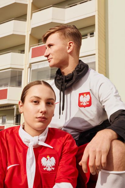 Poland, who will be competing at the World Cup for the first time in 12 years, will wear a design inspired by the eagle, a national symbol. According to Nike, the diagonal chest pattern -- rendered in white and gray on the home kit, and red and two shades of red on the away kit -- "represents the pride of the eagle cutting through the competition."