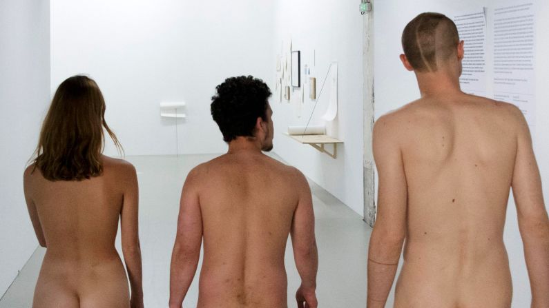 <strong>Nude visitors</strong>: Parisian nudists headed to the Palais de Tokyo on May 5 to admire the art, unhampered by clothing.