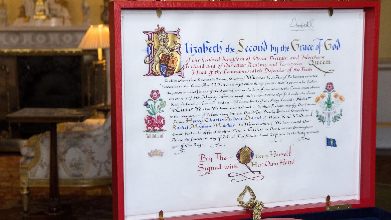 Queen Elizabeth II signed the Instrument of Consent, pictured, her formal notice of approval for the wedding in elaborate calligraphic script issued under the Great Seal of the Realm.