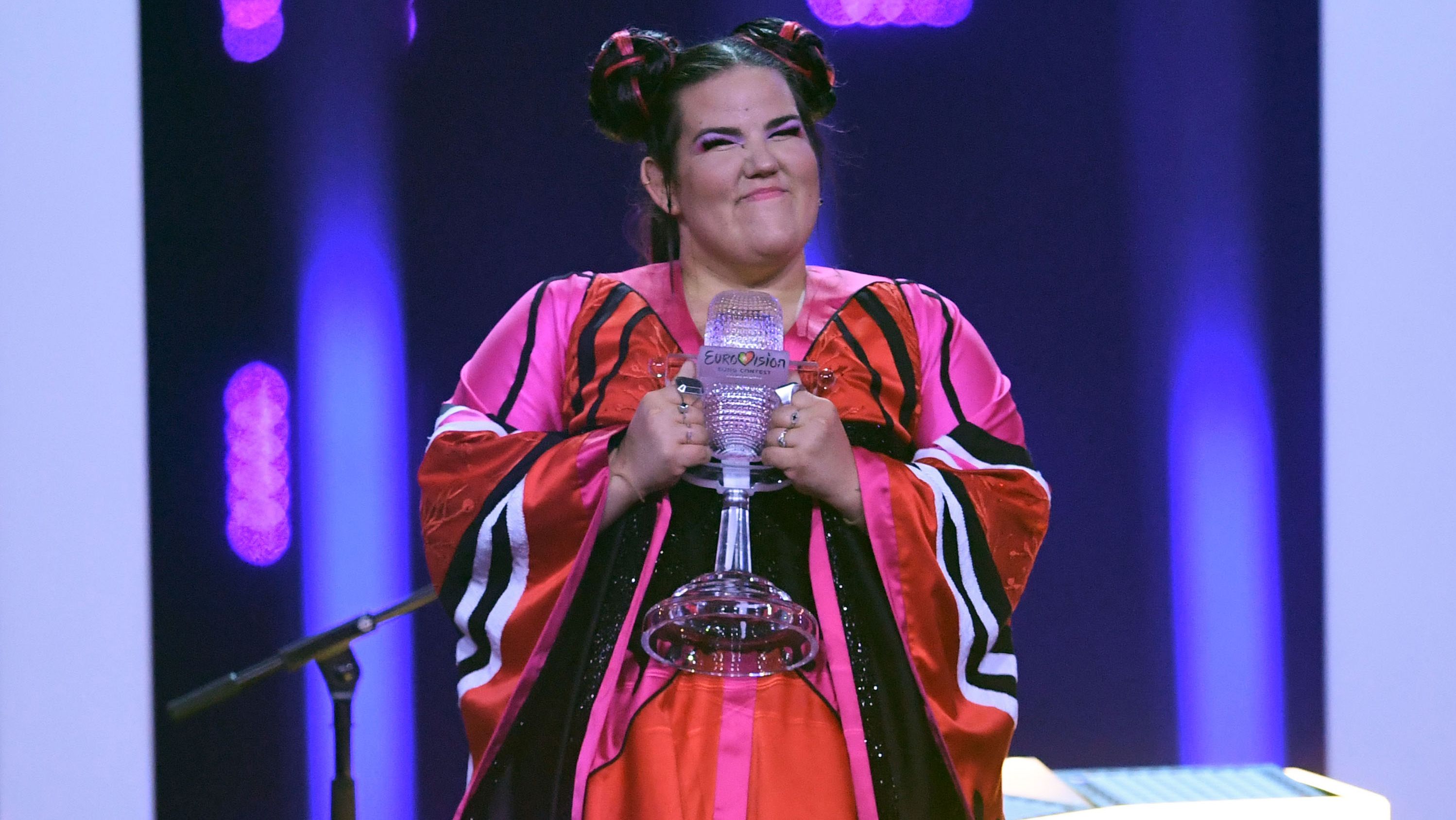 Israel's singer Netta celebrates winning the 63rd Eurovision Song Contest in 2018.