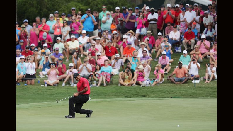 <a target="_blank" target="_blank">Tiger Woods</a> of the United States reacts to a missed putt on the 11th green during the final round of The Players Championship on Sunday, May 13, in Ponte Vedra Beach, Florida.