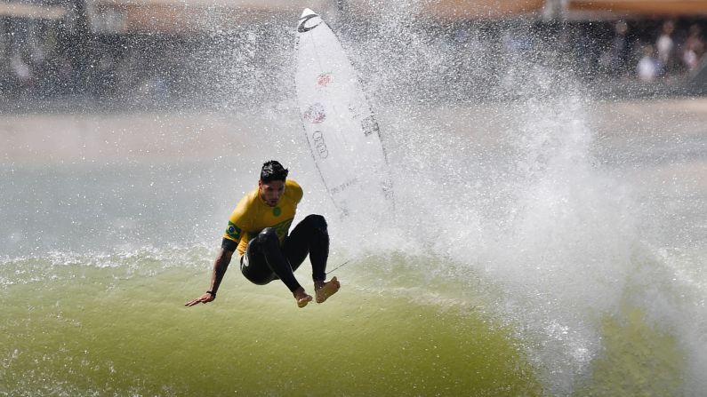 Gabriel Medina of Brazil wipes out during the qualifiers for the final of the World Surf League Founders' Cup of Surfing at the Kelly Slater Surf Ranch in Lemoore, California,  on Sunday, May 6. The two-day event brings 25 of the world's top surfers to compete on machine-created waves in a half-mile long wave pool 100 miles inland from the Pacific Ocean. 