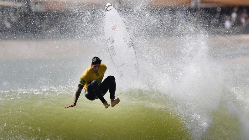 Gabriel Medina of Brazil wipes out during the qualifiers for the final of the World Surf League Founders' Cup of Surfing at the Kelly Slater Surf Ranch in Lemoore, California, on Sunday, May 6. The two-day event brings 25 of the world's top surfers to compete on machine-created waves in a half-mile long wave pool 100 miles inland from the Pacific Ocean.