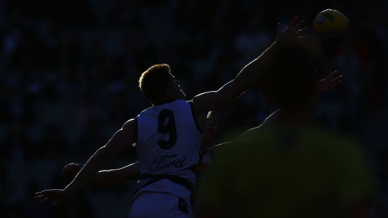Zac Smith of the Cats competes for the ball during the round eight AFL match between the Collingwood Magpies and the Geelong Cats on Sunday, May 13, in Melbourne. 