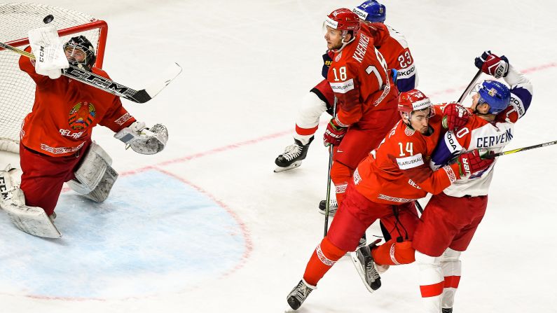 Belarus' goalie Mikhail Karnaukhov, left, in action during the IIHF World Championship group A hockey match between Belarus and the Czech Republic at the Royal Arena in Copenhagen, Denmark, Friday, May 11. 