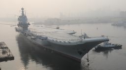 China's first domestically manufactured aircraft carrier, known only as "Type 001A", leaves port in the northeast city of Dalian early on May 13, 2018. - China's first domestically manufactured aircraft carrier started sea trials on May 13, state media said, a landmark in Beijing's ambitious plans to modernise its navy as the Asian giant presses its claims in disputed regional waters. (Photo by - / AFP) / China OUT        (Photo credit should read -/AFP/Getty Images)