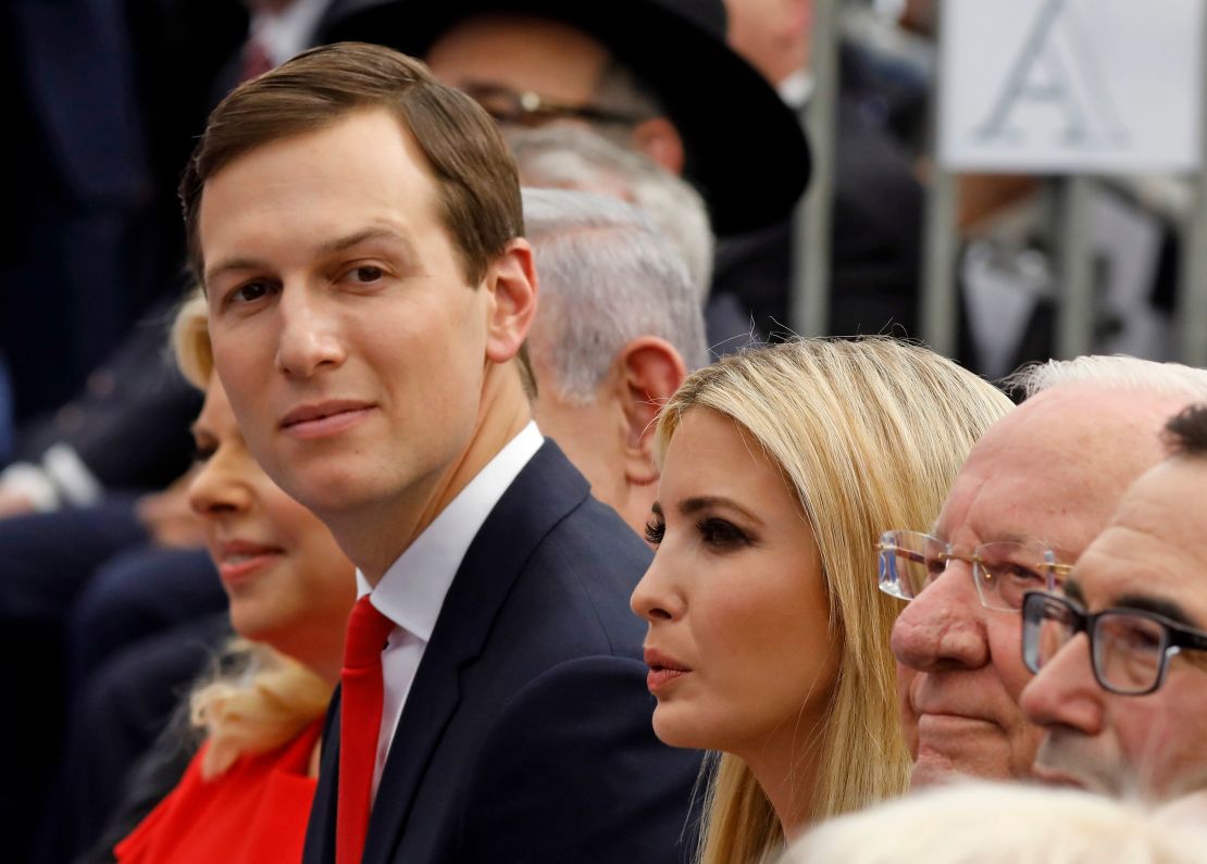 Jared Kushner (C), Ivanka Trump (C-R), US Treasury Secretary Steve Mnuchin (R) and US ambassador to Israel David Friedman (2nd R).