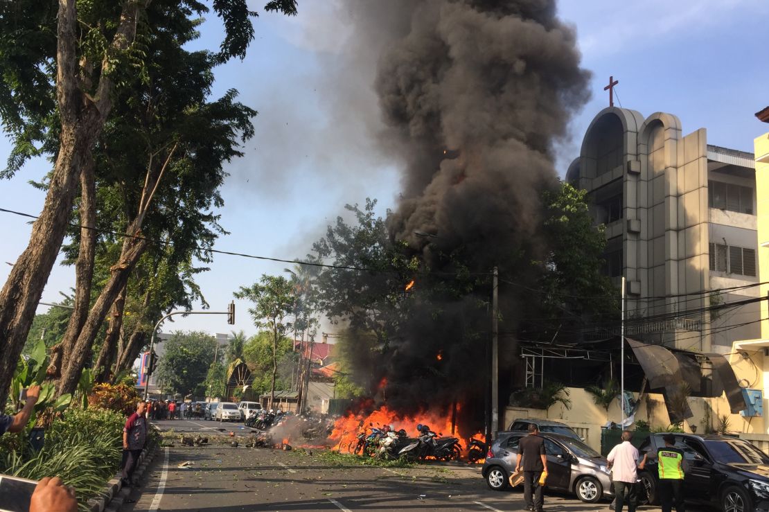 A government handout image shows a bomb blast at Surabaya Pantekosta (Pentecostal) Center Church on May 13, 2018 in Surabaya, Indonesia.
