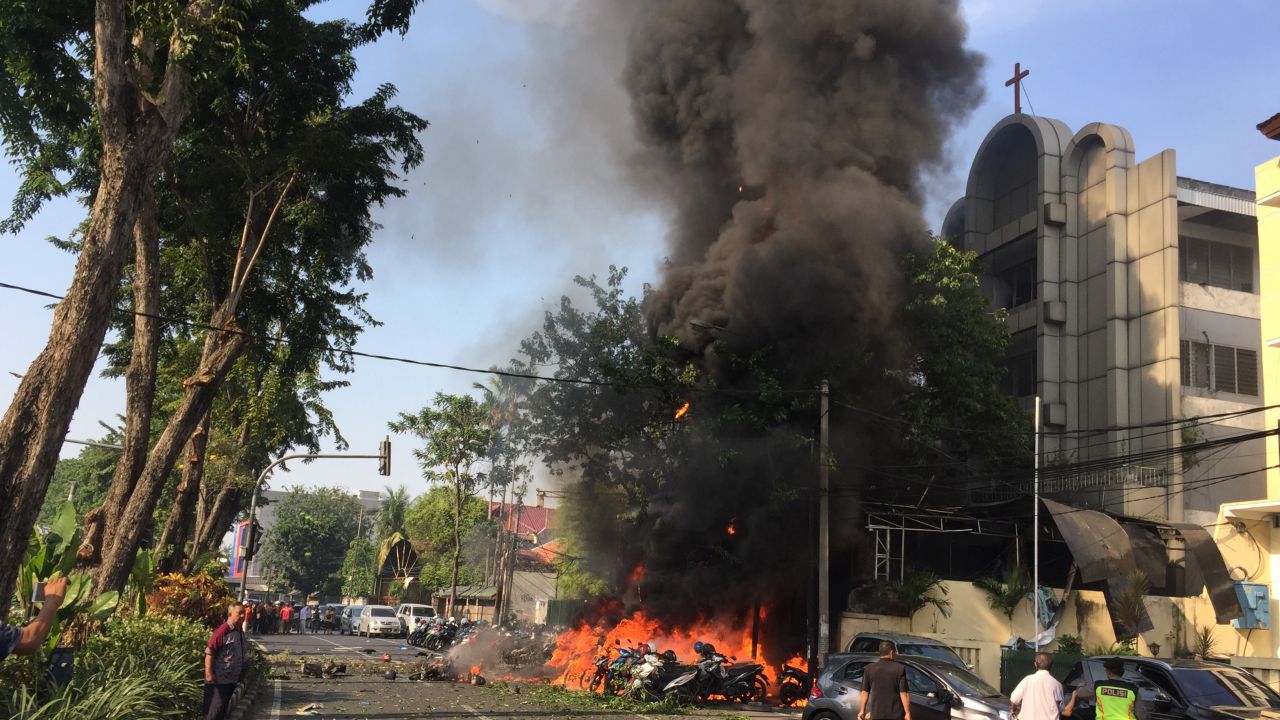 A government handout image shows a bomb blast at Surabaya Pantekosta (Pentecostal) Center Church on May 13, 2018 in Surabaya, Indonesia.