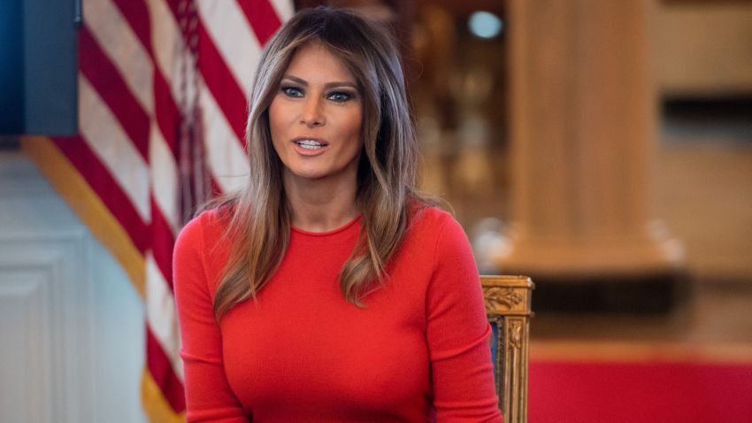 US First Lady Melania Trump speaks during a discussion with local middle school students about their lives in the Blue Room of the White House in Washington, DC, April 9, 2018. / AFP PHOTO / SAUL LOEB        (Photo credit should read SAUL LOEB/AFP/Getty Images)