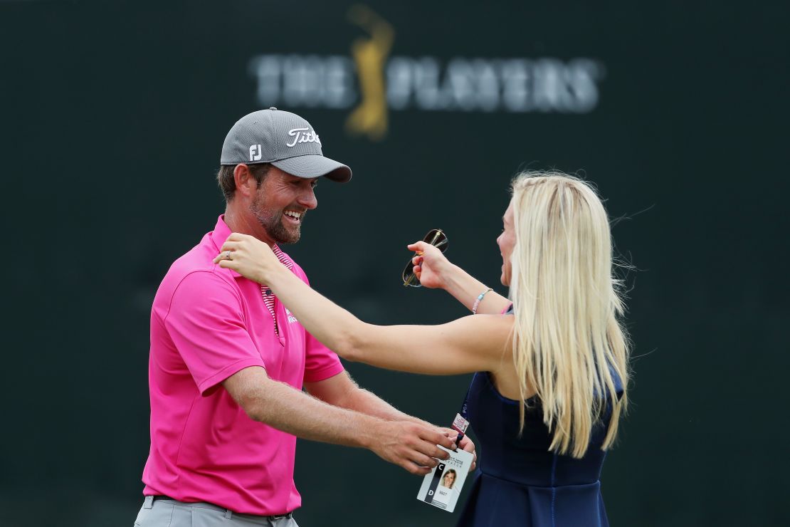 Webb Simpson celebrates with his wife Dowd after winning the Players Championship.