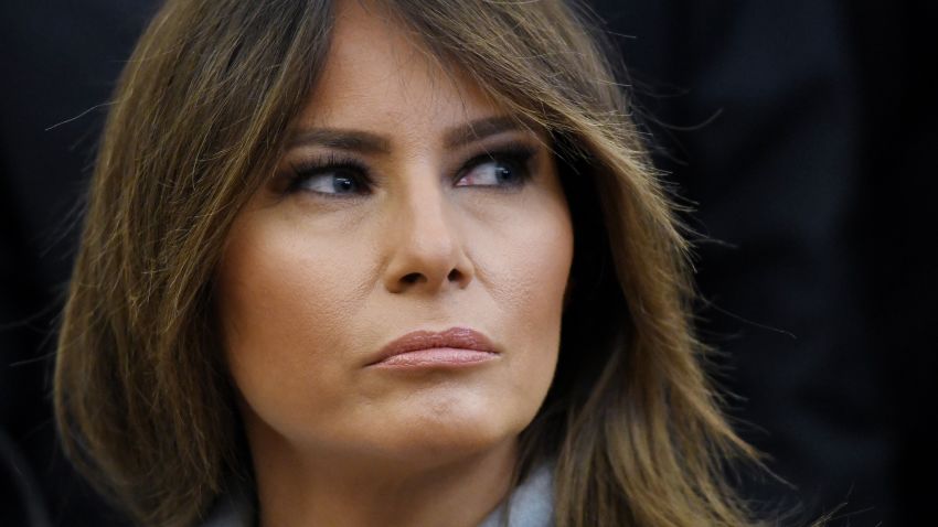 WASHINGTON, DC - MARCH 5: (AFP OUT) First Lady Melania Trump attends a meeting with U.S. President Donald Trump and Israel Prime Minister Benjamin Netanyahu in the Oval Office of the White House March 5, 2018 in Washington, DC. The prime minister is on an official visit to the US until the end of the week. (Photo by Olivier Douliery-Pool/Getty Images)