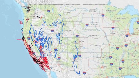 A map of fault lines in the western United States 
