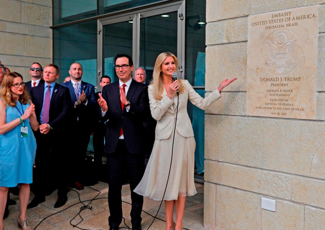 Ivanka Trump unveils a plaque at the newly-unveiled US Embassy in Jerusalem.