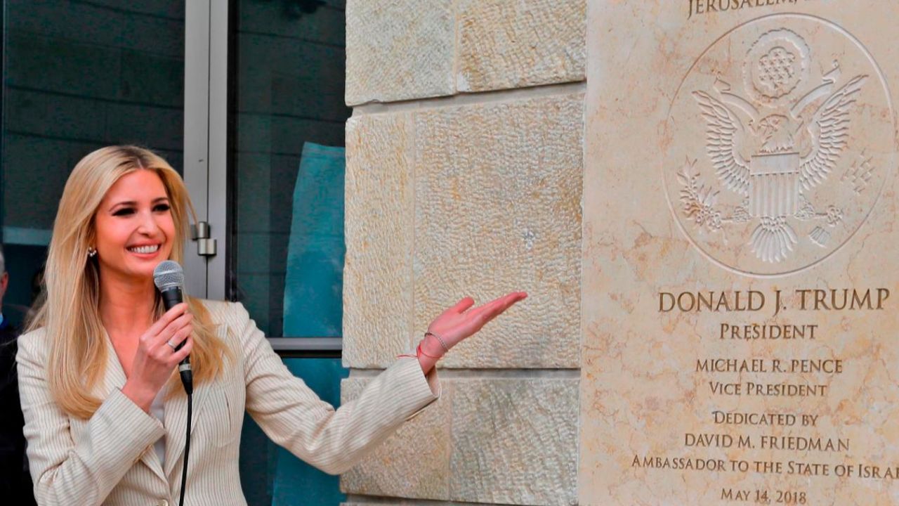 Ivanka Trump unveils a plaque at the newly-unveiled US Embassy in Jerusalem.