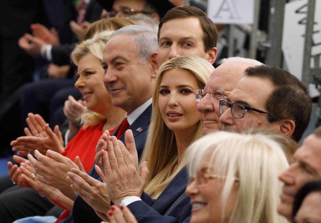 Benjamin Netanyahu (2nd L), his wife Sara Netanyahu (L), Jared Kushner (3rd L), Ivanka Trump (C) and US Treasury Secretary Steve Mnuchin (R) at Monday's ceremony.
