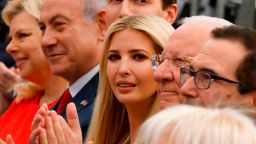 Israel's Prime Minister Benjamin Netanyahu (2nd L), his wife Sara Netanyahu (L), Senior White House Advisor Jared Kushner (3rd L), US President's daughter Ivanka Trump (C), US Treasury Secretary Steve Mnuchin (R) and Israel's President Reuven Rivlin  (2nd R) attend the opening of the US embassy in Jerusalem on May 14, 2018. - The United States moved its embassy in Israel to Jerusalem after months of global outcry, Palestinian anger and exuberant praise from Israelis over President Donald Trump's decision tossing aside decades of precedent. (Photo by MENAHEM KAHANA / AFP)        (Photo credit should read MENAHEM KAHANA/AFP/Getty Images)