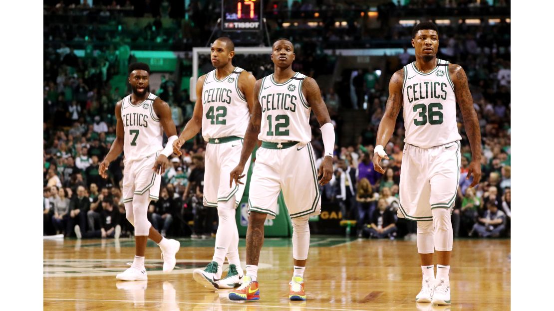 The Celtics' Jaylen Brown, Al Horford, Terry Rozier and Marcus Smart.