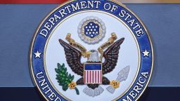 A  May 11, 2018 photo shows the seal of the US State Department at the State Department in Washington, DC. (MANDEL NGAN/AFP/Getty Images)