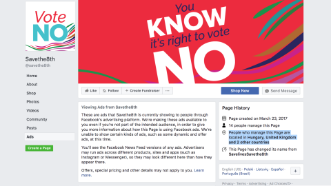 A screenshot taken on May 11 of Savethe8th's Facebook page, an anti-abortion group in Ireland.