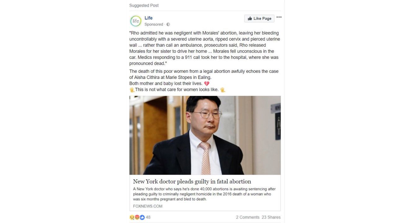 An ad from a Facebook page called "Life" targeted Irish voters this week with a Fox News article about a NY homicide trial connected to the 2016 death of a woman who had an abortion.