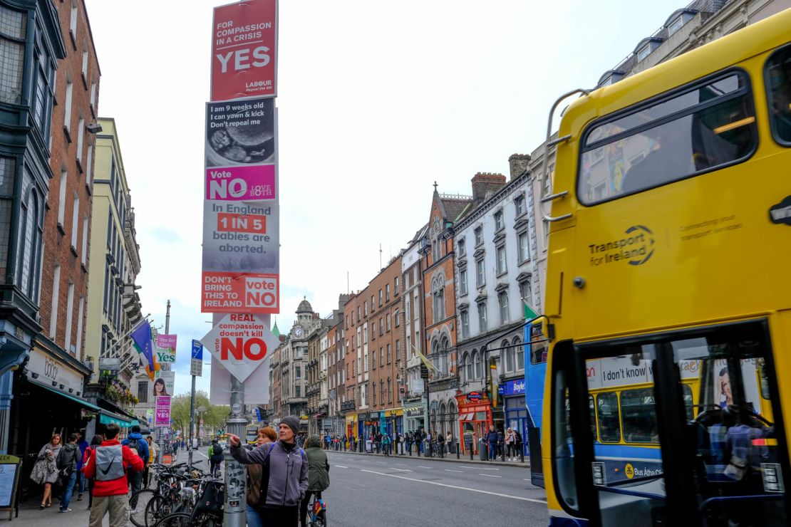 Posters for both campaigns on a lamp post in Dublin, Ireland.
