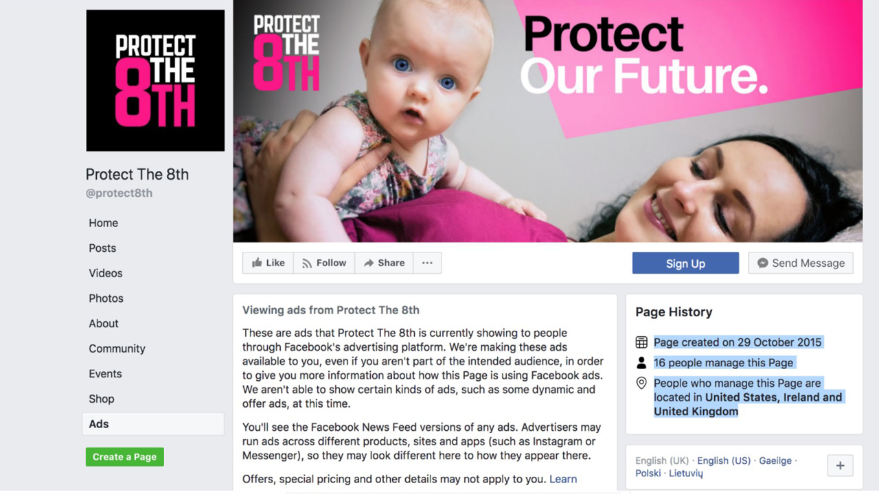 Screenshot of the Protect the 8th, an anti-abortion group's Facebook page on Friday.