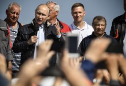 Russian President Vladimir Putin makes a speech during the opening ceremony of the new bridge connecting Crimea with Russia.