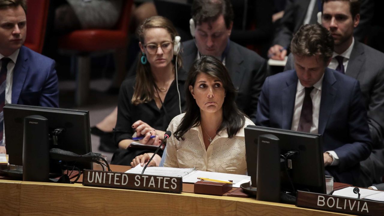 NEW YORK, NY - MAY 15: U.S. Ambassador to the United Nations Nikki Haley speaks a UN Security Council meeting concerning the violence at the border of Israel and the Gaza Strip, at United Nations headquarters, May 15, 2018 in New York City. 58 people were killed on Monday as Israeli forces opened fire on Palestinian protestors near the border.  (Photo by Drew Angerer/Getty Images)