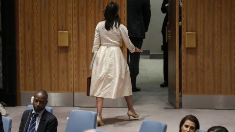 Ambassador Nikki Haley walks out of a UN Security Council meeting as Permanent Observer of Palestine to the United Nations Riyad Mansour begins to speak.